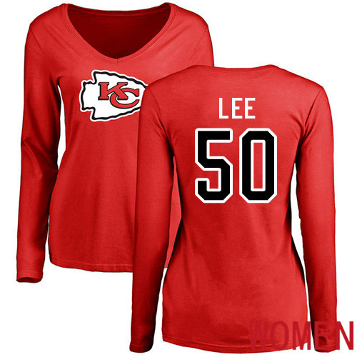 Women Kansas City Chiefs #50 Lee Darron Red Name and Number Logo Slim Fit Long Sleeve NFL T Shirt->women nfl jersey->Women Jersey